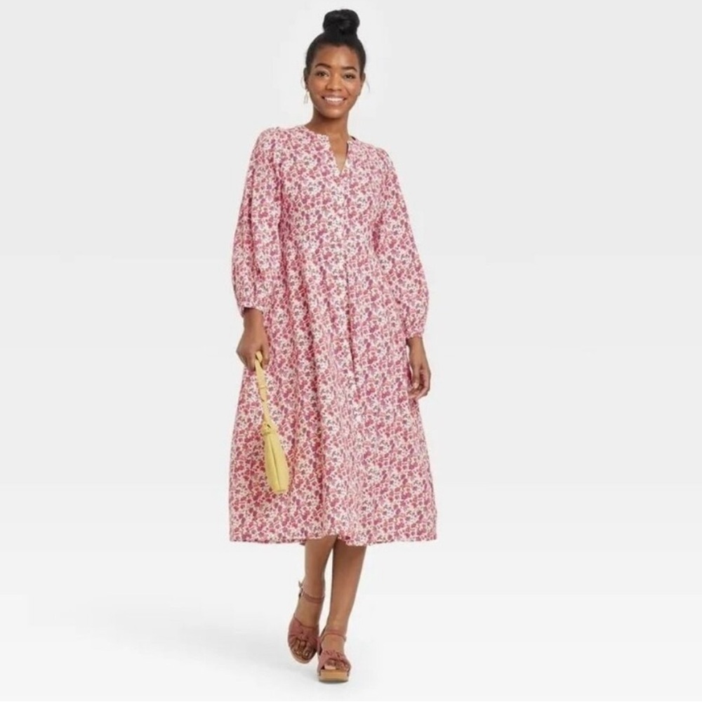 Universal Thread Floral Button Front Midi Dress Womens S White Red Bohemian Chic